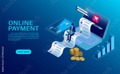 online payment with computer. protection of money in laptop transactions. modern flat design isometric. illustration