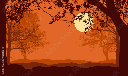 Illustration of landscape with forest, trees and hills, under evening orange sky with full moon or sun and space for text, vector © Forgem