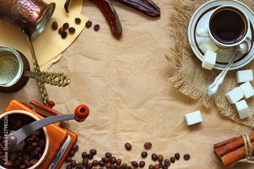 Set of coffee grinder, coffee makers, cup, coffee beans, sugar and cinnamon. © EllSan
