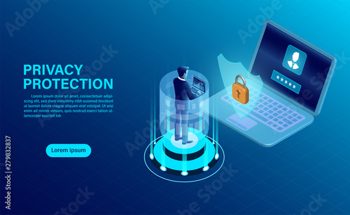 banner with businessman protect data and confidentiality on computer. data protection and security are confidential. flat isometric vector illustration