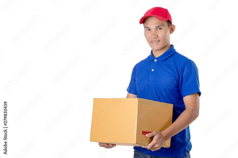 Asian delivery man carry brown parcel or cardboard boxes isolated on white background Asian delivery man carry brown parcel or cardboard boxes isolated on white background