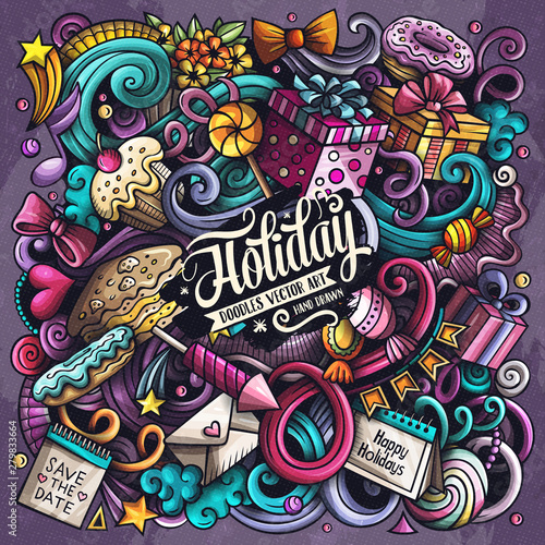 Holiday hand drawn vector doodles illustration. Birthday poster design.