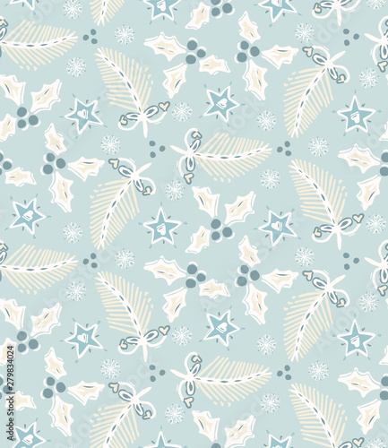 Seamless pattern. Christmas fir hand drawn foliage twig. Tossed tree branch, leaves, bow background. Winter holiday all over print. Festive traditional gift wrapping paper illustration. Vector swatch