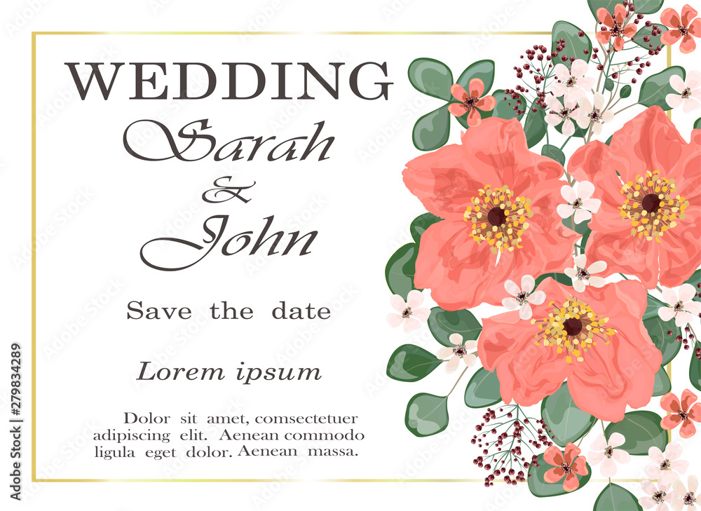Fototapeta Wedding invitation with flowers and leaves, watercolor, isolated on white. Vector Watercolour.