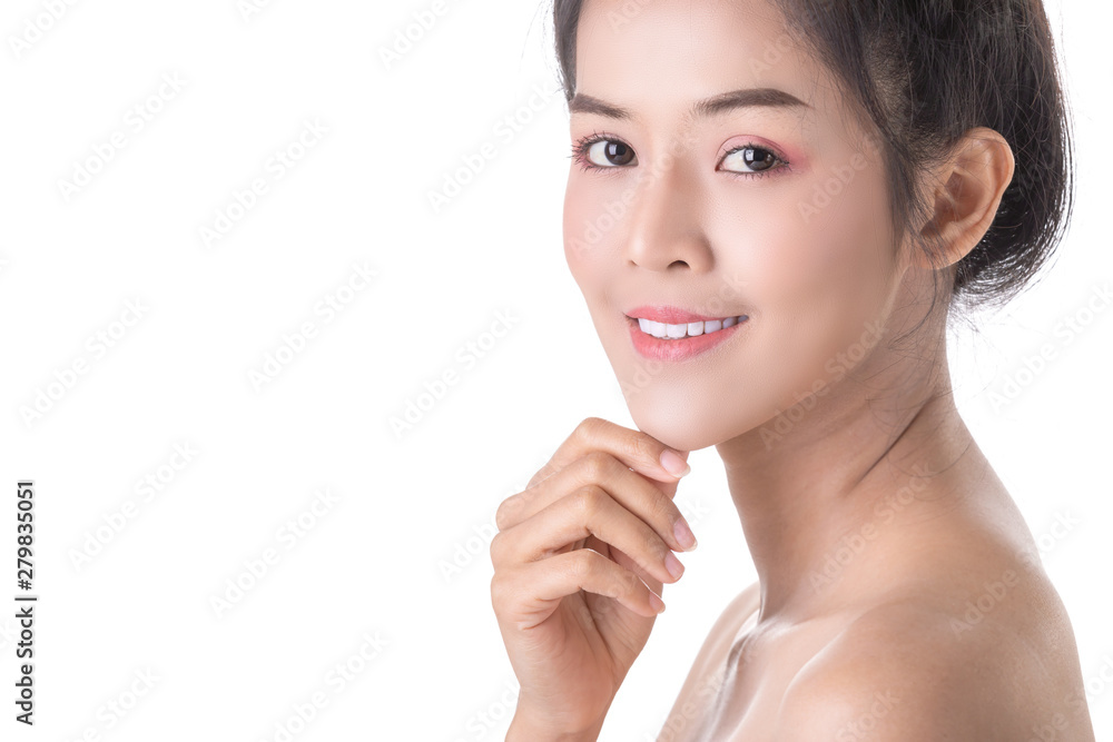 Beautiful Young Asian Woman with Cosmetic on own face. Cosmetologist, Skin care or Beauty concept Beautiful Young Asian Woman with Cosmetic on own face. Cosmetologist, Skin care or Beauty concept