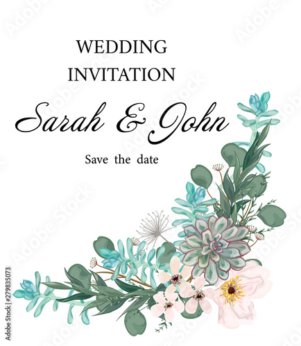 Wedding invitation with flowers and leaves, watercolor, isolated on white. Vector Watercolour.