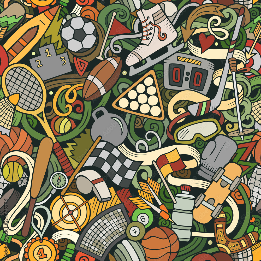 Sports hand drawn doodles seamless pattern. vector background