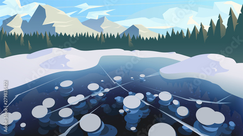 Modern winter landscape background of a frozen forest lake and mountain peaks