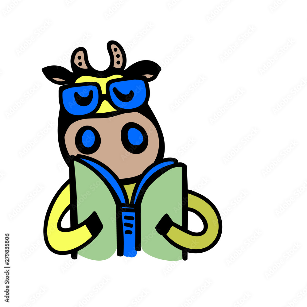 Fototapeta premium Vector illustration, line cartoon cow wearing glasses and reading book. Hand drawn, isolated. Applicable for package, poster, label designs, banners, flyers etc.