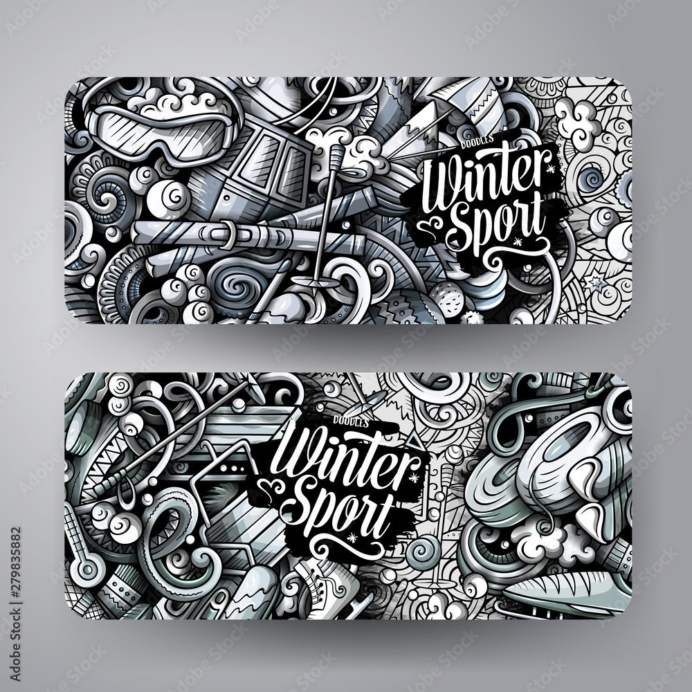 Winter sport hand drawn doodle banners set. Cartoon detailed flyers.