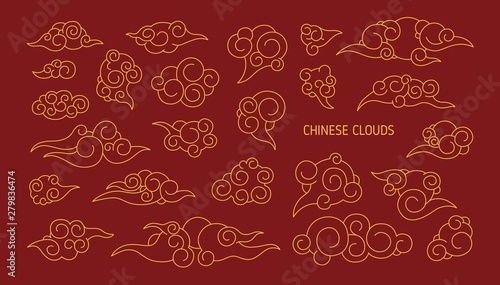 Set of clouds in traditional Japanese style hand drawn with contour lines on red background. Bundle of Asian decorative design elements, elegant atmospheric phenomena. Monochrome vector illustration.