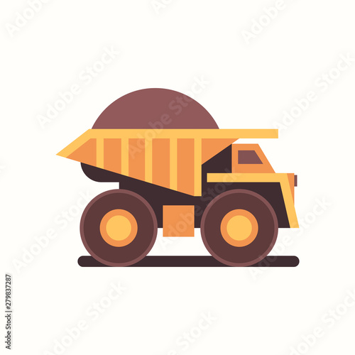 heavy yellow dumper truck with coal industrial machine production useful minerals mine professional equipment mining transport concept flat horizontal