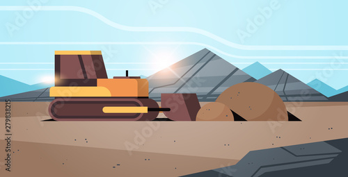 heavy excavator yellow crawler loader machine working on coal mine production professional equipment mining transport concept opencast stone quarry background flat horizontal