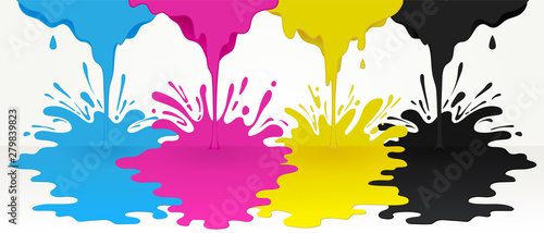 CMYK paints flowing down to the floor. Background with space for text.