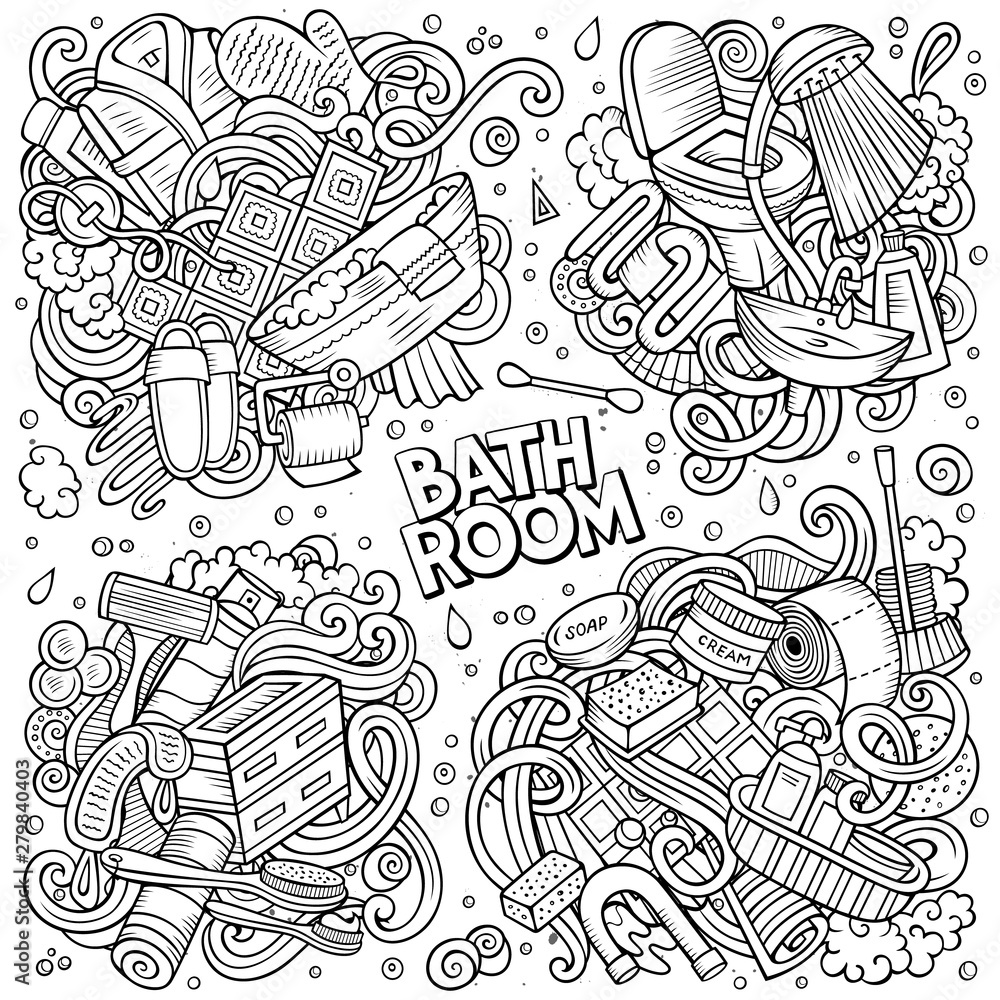 Line art vector doodles cartoon set of Bathroom combinations of objects Line art vector doodles cartoon set of Bathroom combinations of objects
