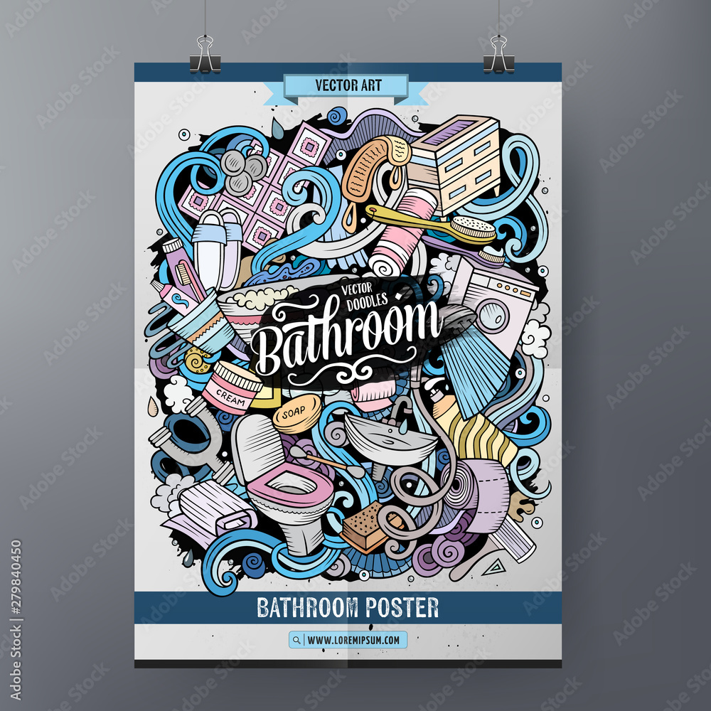 Bathroom hand drawn doodles illustration. Bath objects cartoon poster