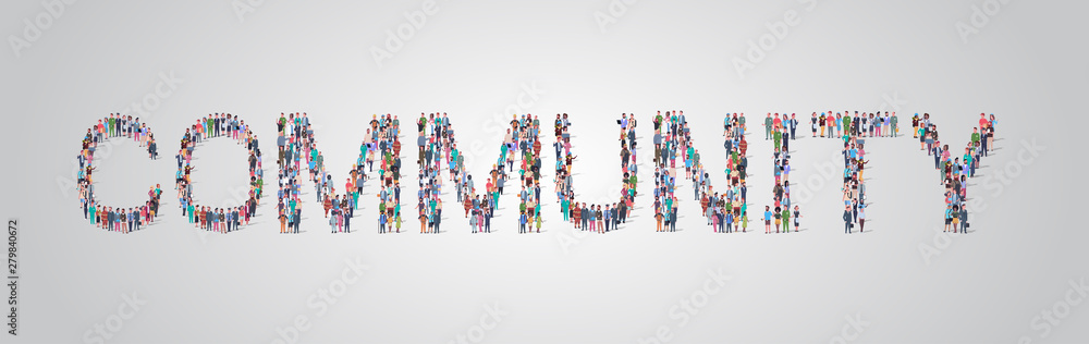 people crowd gathering in shape of community word different occupation employees mix race workers group standing together social media communication concept flat horizontal people crowd gathering in shape of community word different occupation employees mix race workers group standing together social media communication concept flat horizontal