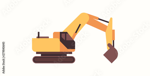 heavy excavator yellow loader machine coal mine production professional equipment mining transport concept flat horizontal