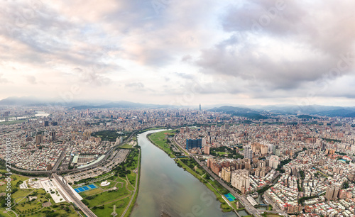 Asia business concept image  panoramic modern cityscape building bird   s eye view under sunrise and morning blue bright sky  shot in Taipei  Taiwan.