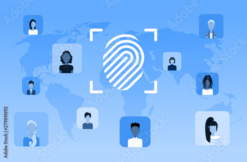 biometric fingerprint security data protection access future computer technology user identification concept world map background flat horizontal