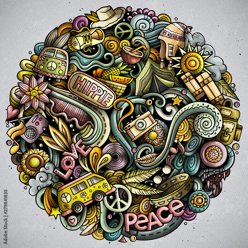Hippie hand drawn vector doodles round illustration. Hippy poster design.