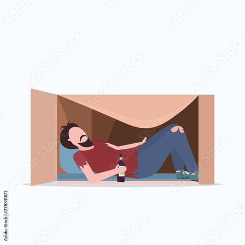 poor man sleeping outdoor drunk beggar lying in cardboard box with bottle of alcohol homeless jobless concept male cartoon character flat full length