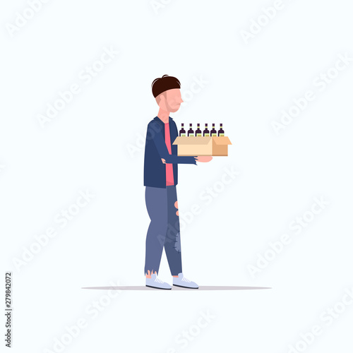 poor man carrying box with empty bottles beggar earning money homeless jobless unemployment concept white background full length