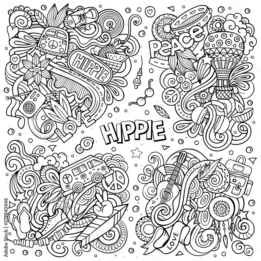 Line art vector hand drawn doodles cartoon set of Hippie combinations of objects