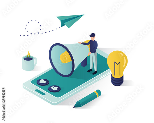 business promotion isometric illustration ,social media marketing isometric illustration ,isometric business vector illustration with color
