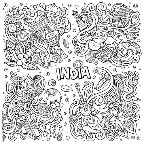 Line art vector hand drawn doodles cartoon set of India combinations of objects