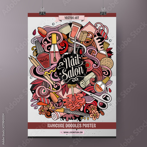 Nail art hand drawn doodles illustration. Manicure poster design template