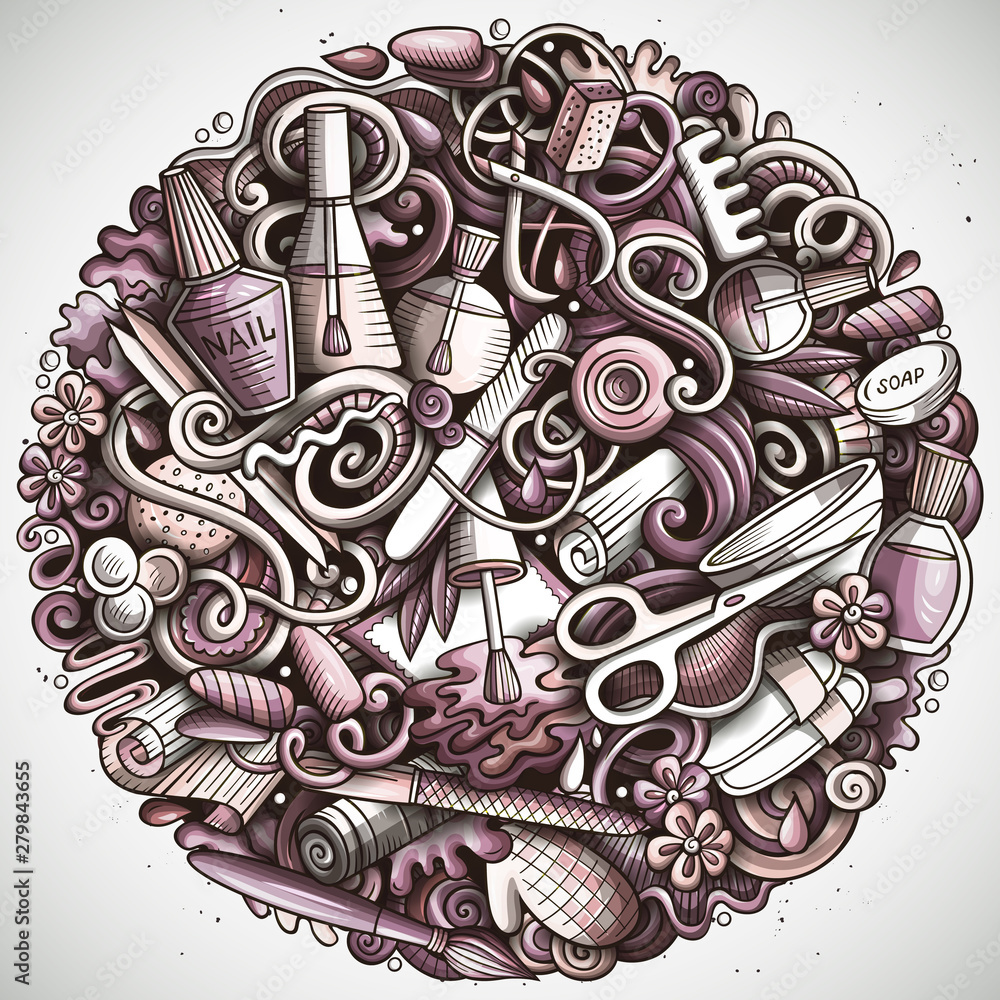 Nail Salon hand drawn vector doodles round illustration. Manicure poster design