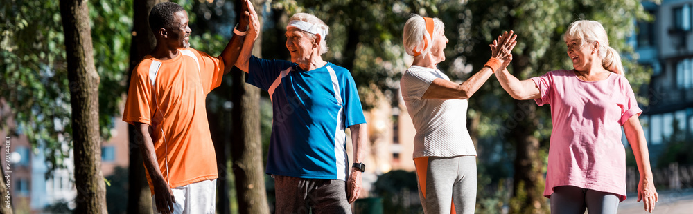 panoramic shot of happy multicultural group of retired men and women giving high five in park panoramic shot of happy multicultural group of retired men and women giving high five in park
