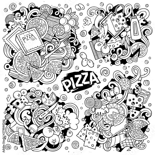 Line art vector hand drawn doodles cartoon set of Pizza combinations