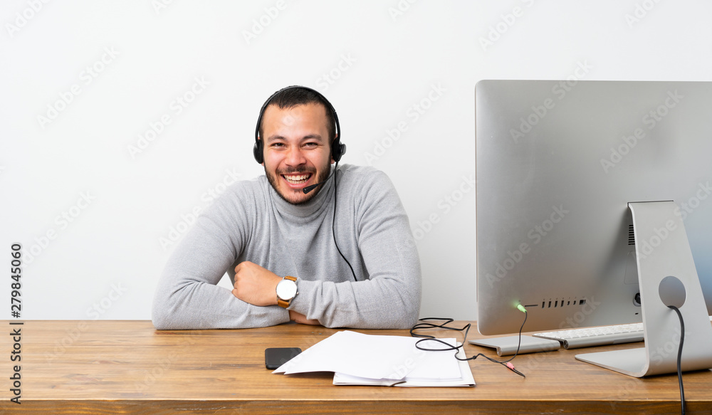 Telemarketer Colombian man smiling a lot Telemarketer Colombian man smiling a lot