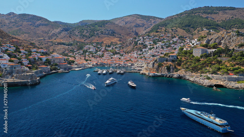 Aerial drone panoramic photo of picturesque port and main village of Hydra or Ydra island with beautiful neoclassic houses, Saronic gulf, Greece photo