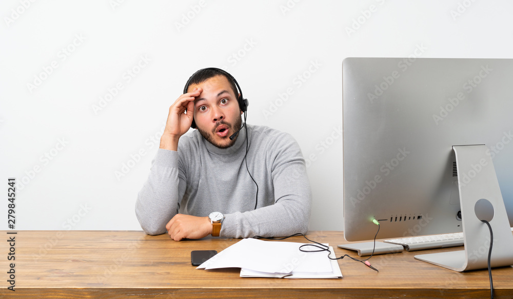 Telemarketer Colombian man has just realized something and has intending the solution Telemarketer Colombian man has just realized something and has intending the solution