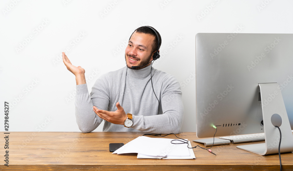 Telemarketer Colombian man extending hands to the side for inviting to come Telemarketer Colombian man extending hands to the side for inviting to come
