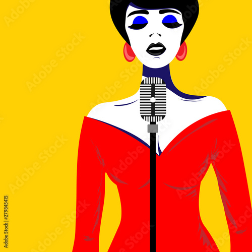 Girl with pop art style sings in blues style. Bright color illustration of a girl