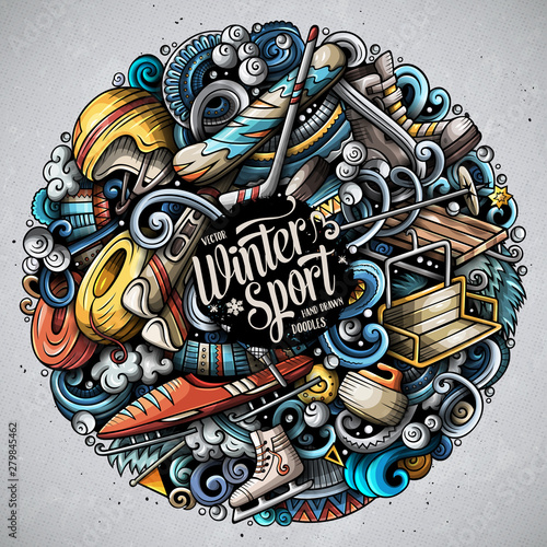 Winter Sports hand drawn vector doodles illustration. Ski resort poster design.