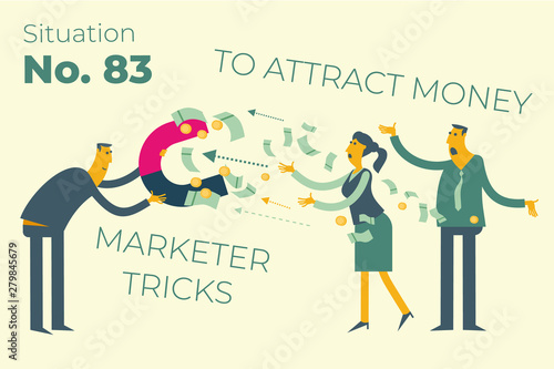 Flat illustration design for presentation, web, landing page, infographics: cartoon characters men businessmen and women, magnet attracts money. Financial fraud, the fraudster takes the money.