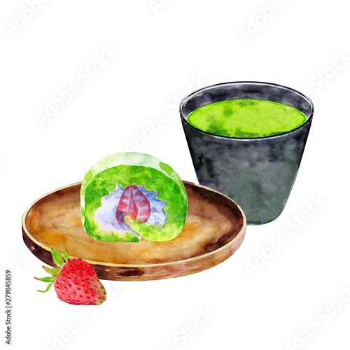 Watercolor illustration of atcha cake and green tea photo