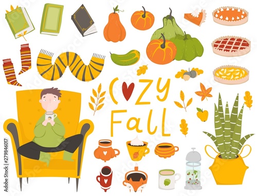 Autumn set - fallen leaves, books, knitted socks, pumpkin isolated on white background. Cute couple or friends spending time together. Trendy vector illustration in flat cartoon style.