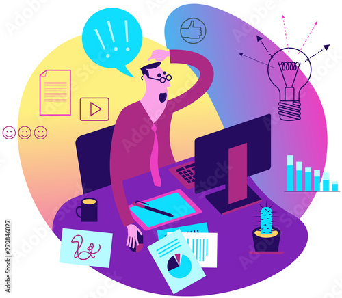 Cartoon character illustration for web design, presentation, infographic, landing page: Man uses cloud service. The employee sits at the computer in the office.