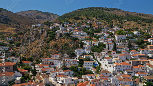 Aerial drone panoramic photo of picturesque port and main village of Hydra or Ydra island with beautiful neoclassic houses, Saronic gulf, Greece photo