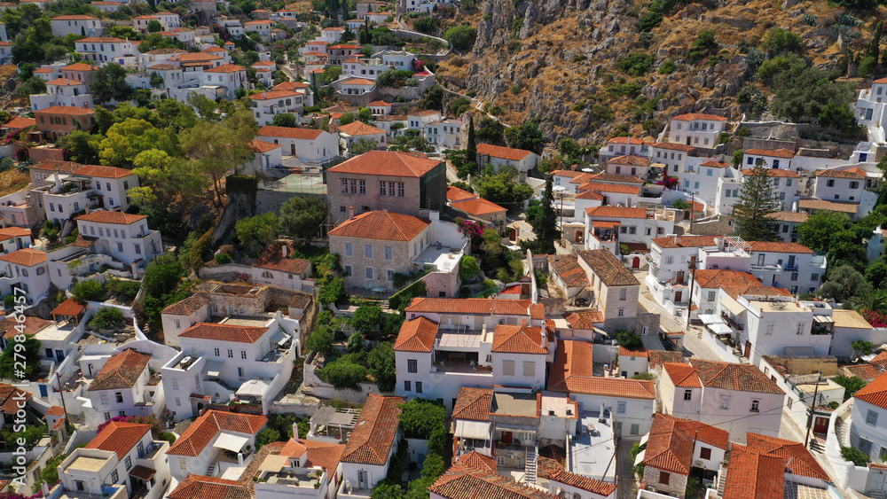 Aerial drone photo from picturesque main town of Hydra or Ydra island, Saronic gulf, Greece