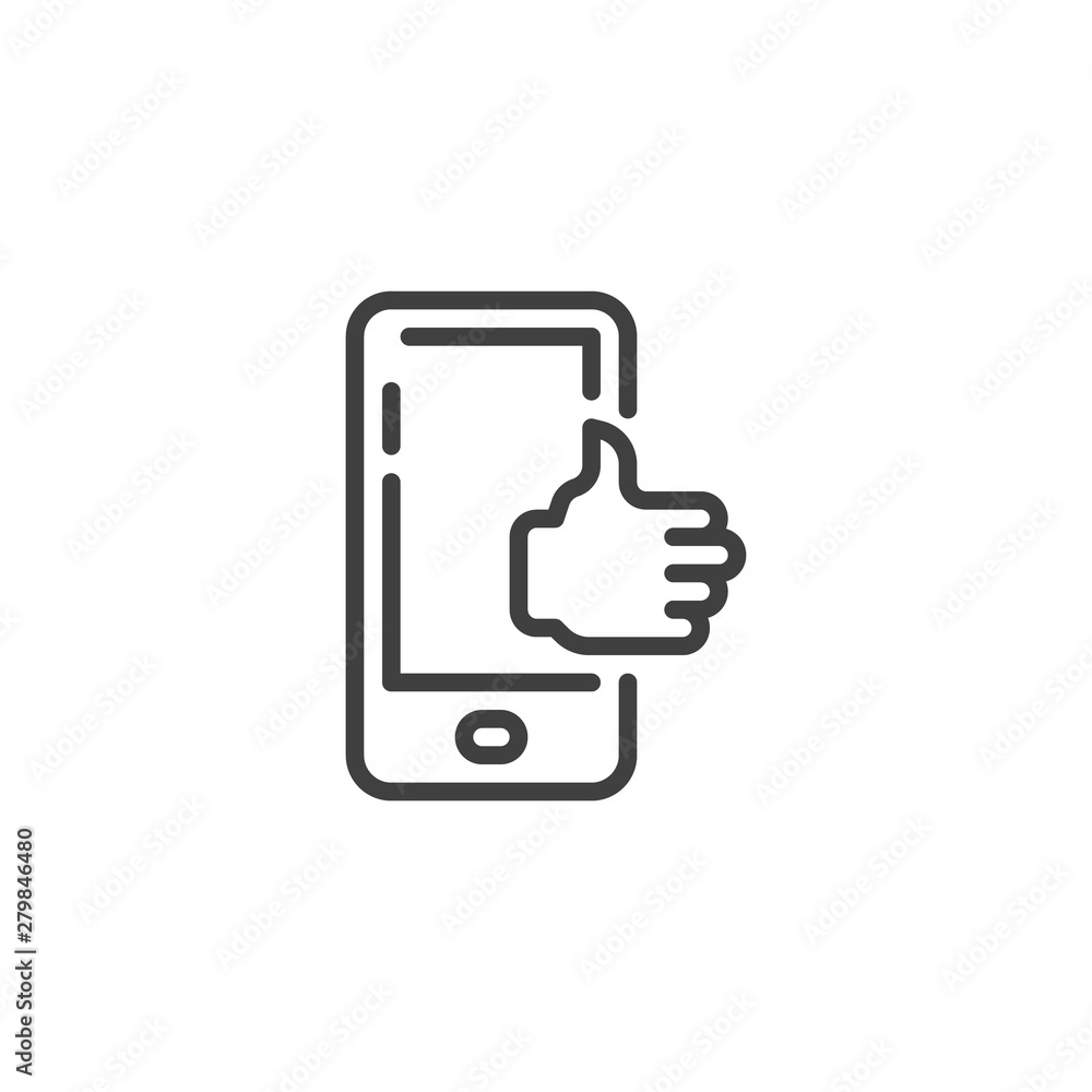 Mobile phone with thumb up line icon. linear style sign for mobile concept and web design. Smartphone, like, feedback outline vector icon. Symbol, logo illustration. Vector graphics Mobile phone with thumb up line icon. linear style sign for mobile concept and web design. Smartphone, like, feedback outline vector icon. Symbol, logo illustration. Vector graphics