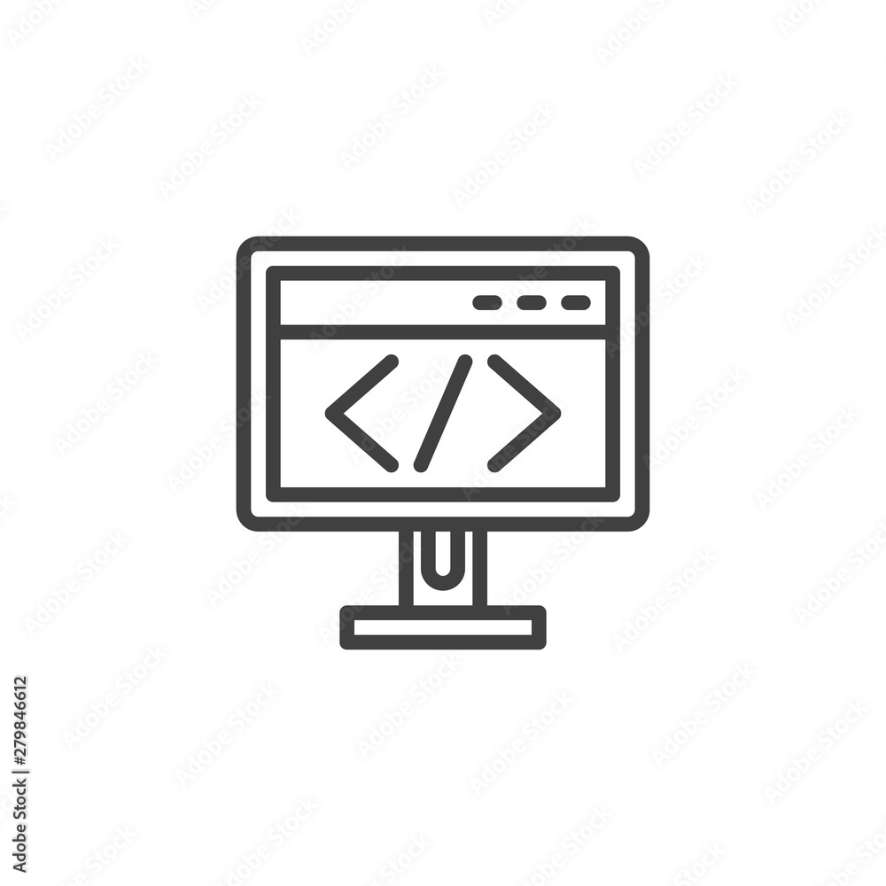 Computer monitor with script code line icon. linear style sign for mobile concept and web design. Coding, Programming window outline vector icon. Symbol, logo illustration. Vector graphics Computer monitor with script code line icon. linear style sign for mobile concept and web design. Coding, Programming window outline vector icon. Symbol, logo illustration. Vector graphics