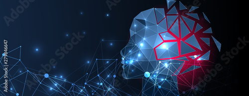 Artificial intelligence (AI) and big data concept. Machine cyber mind.  Humen face with binary data flow. Technology vector background.