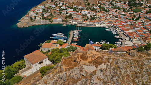 Aerial drone panoramic photo of picturesque port and main village of Hydra or Ydra island with beautiful neoclassic houses, Saronic gulf, Greece photo